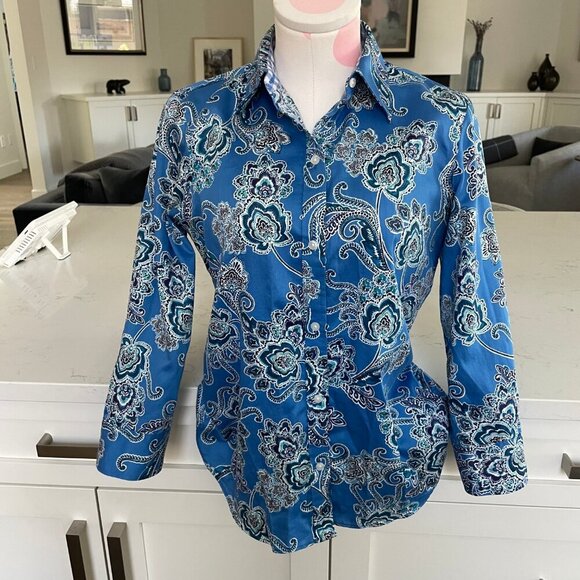 Chaps No Iron 3/4 Slv Button Down 100% Cotton Paisley Shirt Blue White Sz S - Picture 3 of 12